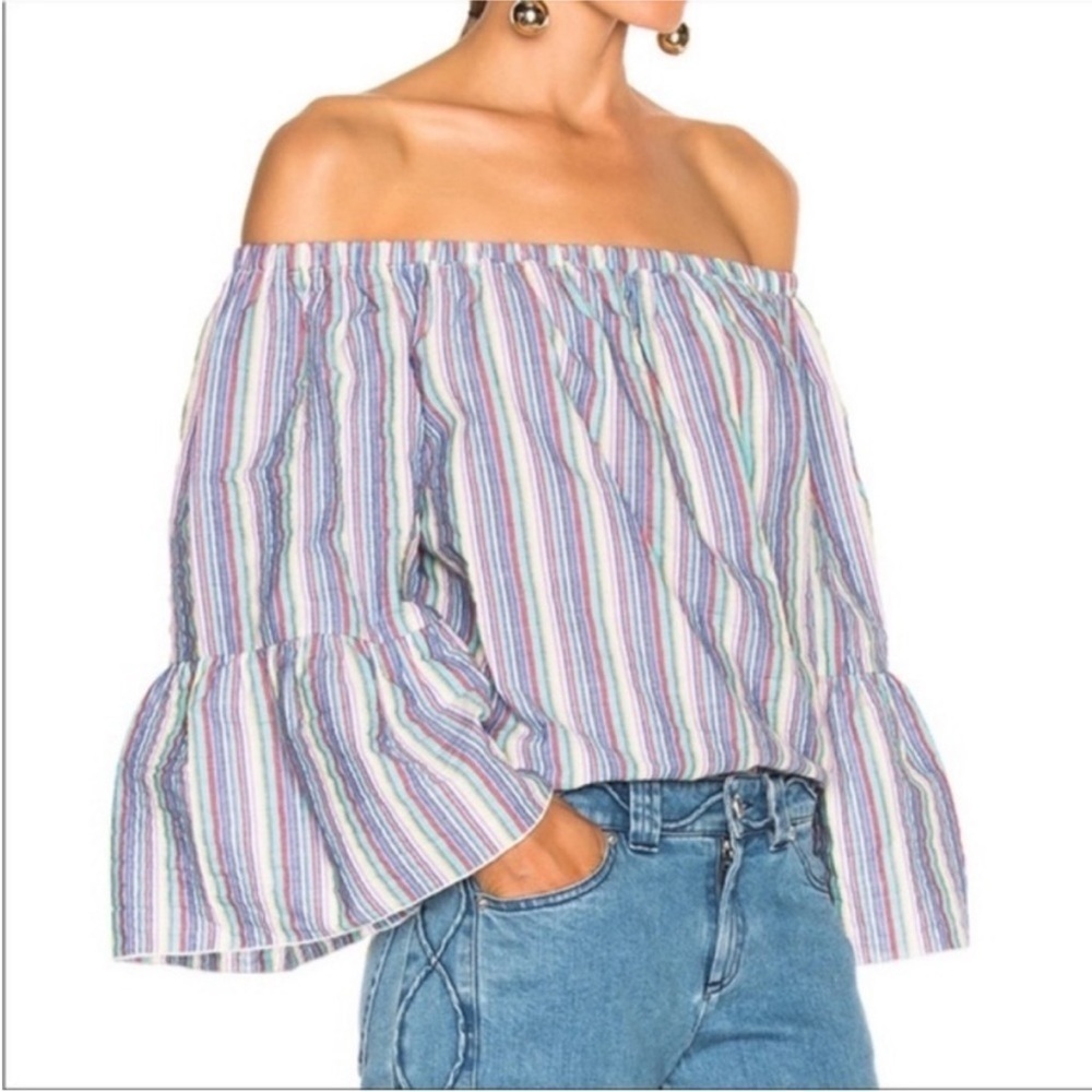 SEE BY CHLOE OFF SHOULDER TOP Bell Sleeves Striped M Cotton Boho Coastal - Picture 2 of 12